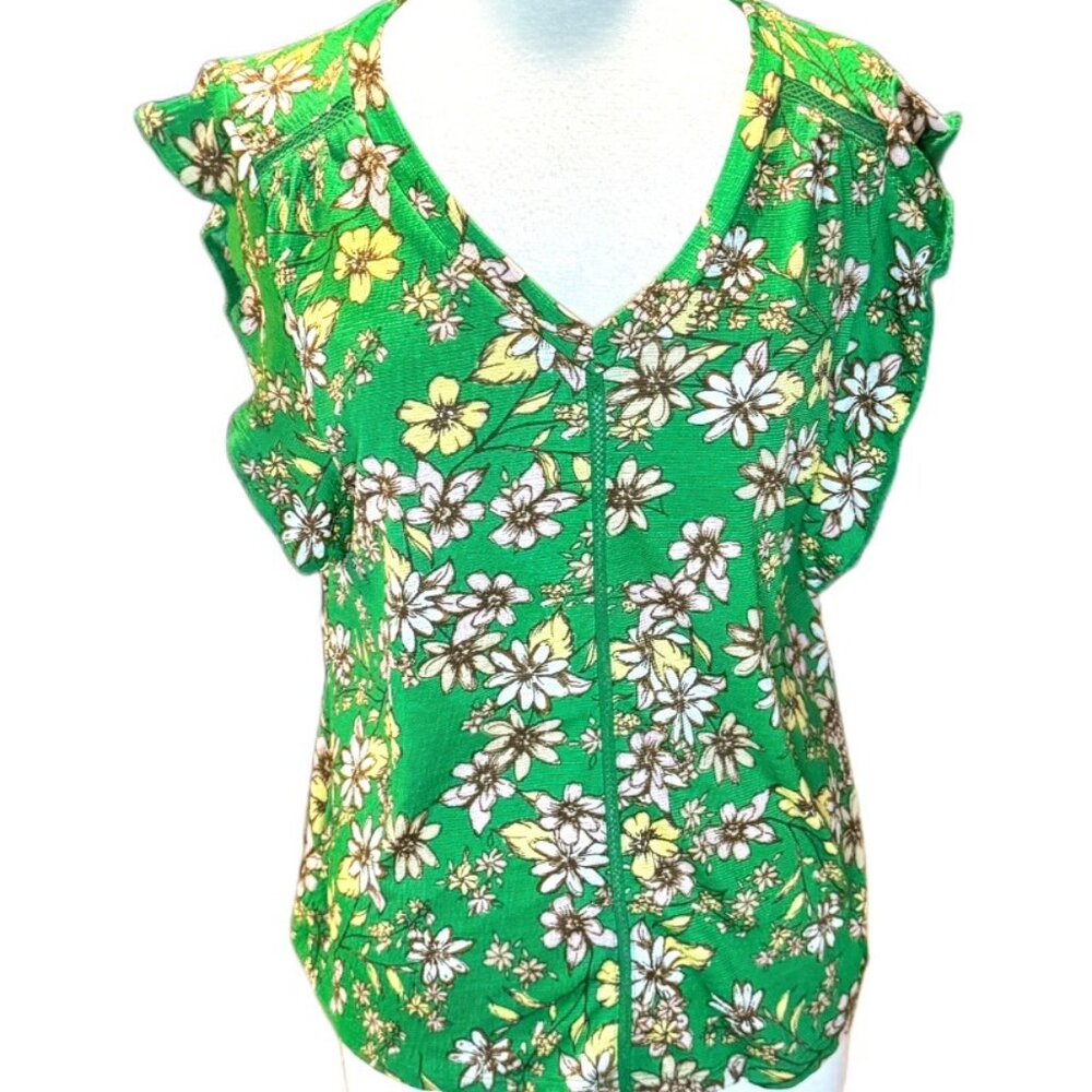 Fred David Green Floral Blouse Top Flowy V-neck Short Sleeves Garden Large